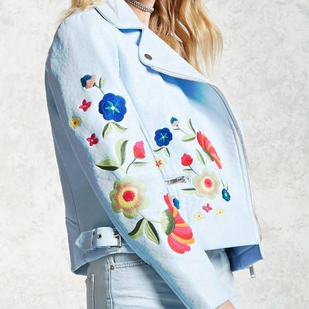 Floral Embroidered Light Blue Leather Jacket S